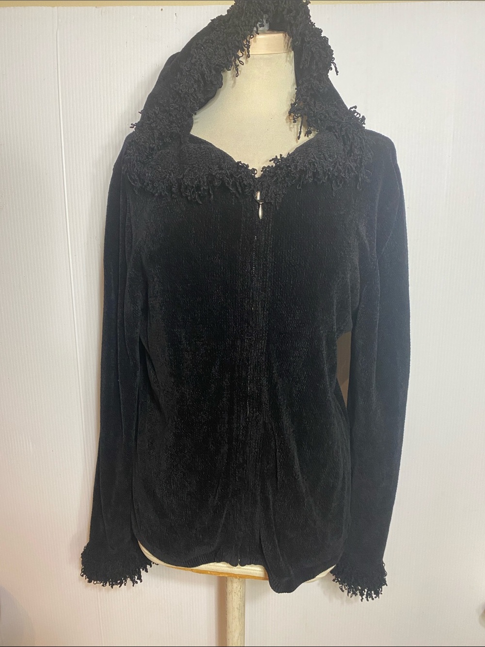 Valerie Stevens Black Plush Zip-Up Jacket with Fringe Trim